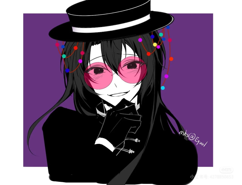 1boy, beads, border, chinese_commentary, commentary_request, cropped_shoulders, equal_(xinjinjumin1523030), gloves, greyscale_with_colored_background, grin, hair_between_eyes, hand_on_own_chin, hat, huai_yunqing, long_hair, long_sleeves, looking_at_viewer, male_focus, pink-tinted_eyewear, purple_background, round_eyewear, signature, simple_background, smile, solo, spot_color, tinted_eyewear, touqi_guaitan, white_border