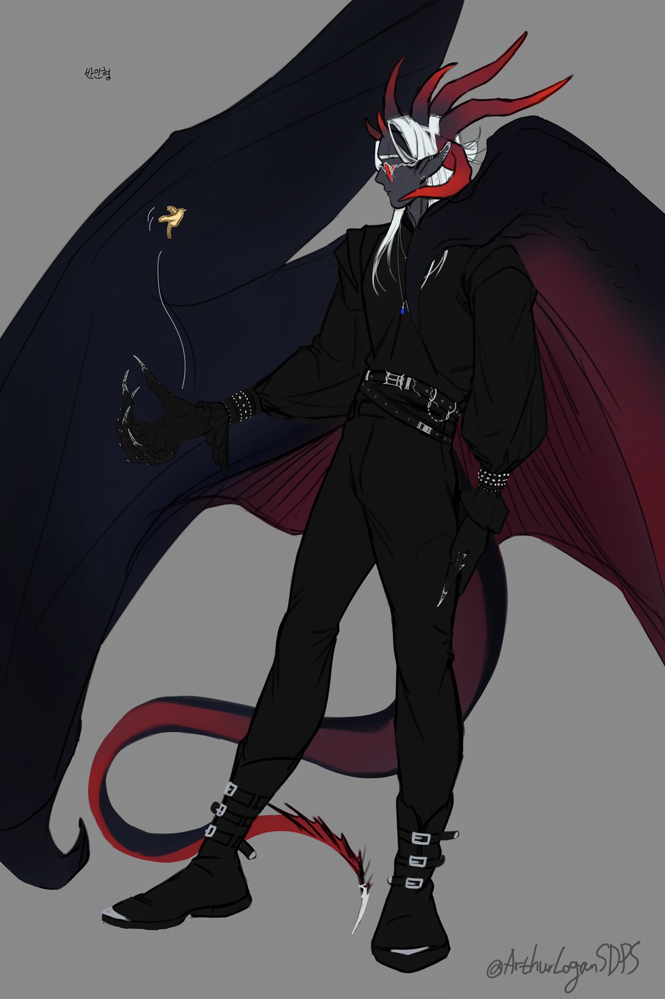 1boy, 1other, arthurlogansdps, black_shirt, black_skin, boots, claw_ring, colored_skin, commentary_request, dragon_boy, dragon_horns, dragon_tail, full_body, giant, glasses, grey_background, highres, horns, korean_commentary, long_hair, long_sleeves, male_focus, multiple_horns, original, pointy_ears, puffy_long_sleeves, puffy_sleeves, red-tinted_eyewear, shirt, simple_background, standing, tail, tinted_eyewear, white_hair