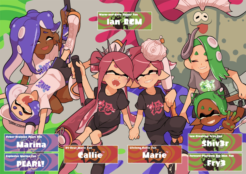 1boy, 6+girls, :p, arms_up, big_man_(splatoon), bike_shorts, black_footwear, black_pants, black_shirt, black_shorts, blush, boots, bow-shaped_hair, callie_(splatoon), character_name, closed_eyes, colored_extremities, colored_eyelashes, cross-laced_footwear, dark-skinned_female, dark_skin, earrings, english_commentary, everyone, fangs, fingernails, frye_(splatoon), gomipomi, green_hair, grey_shirt, grin, hair_horns, hair_ornament, hair_over_one_eye, hat, holding, holding_hands, holding_weapon, inkling, jewelry, lace-up_boots, long_hair, lying, lying_on_lap, lying_on_person, marie_(splatoon), marina_(splatoon), medium_hair, multiple_girls, octoling, on_stomach, open_mouth, outstretched_arms, pants, parted_bangs, peaked_cap, pearl_(splatoon), pink_hair, pointy_ears, print_shirt, purple_hair, sharp_fingernails, shirt, shiver_(splatoon), short_eyebrows, short_hair, short_sleeves, shorts, sitting, smile, splashtag_(splatoon), splat_brella_(splatoon), splat_charger_(splatoon), splat_dualies_(splatoon), splat_roller_(splatoon), splatoon_(series), splatoon_3, suction_cups, swept_bangs, tentacle_hair, tongue, tongue_out, tri-stringer_(splatoon), twintails, w, weapon, white_footwear, white_hat, white_shirt, x_hair_ornament