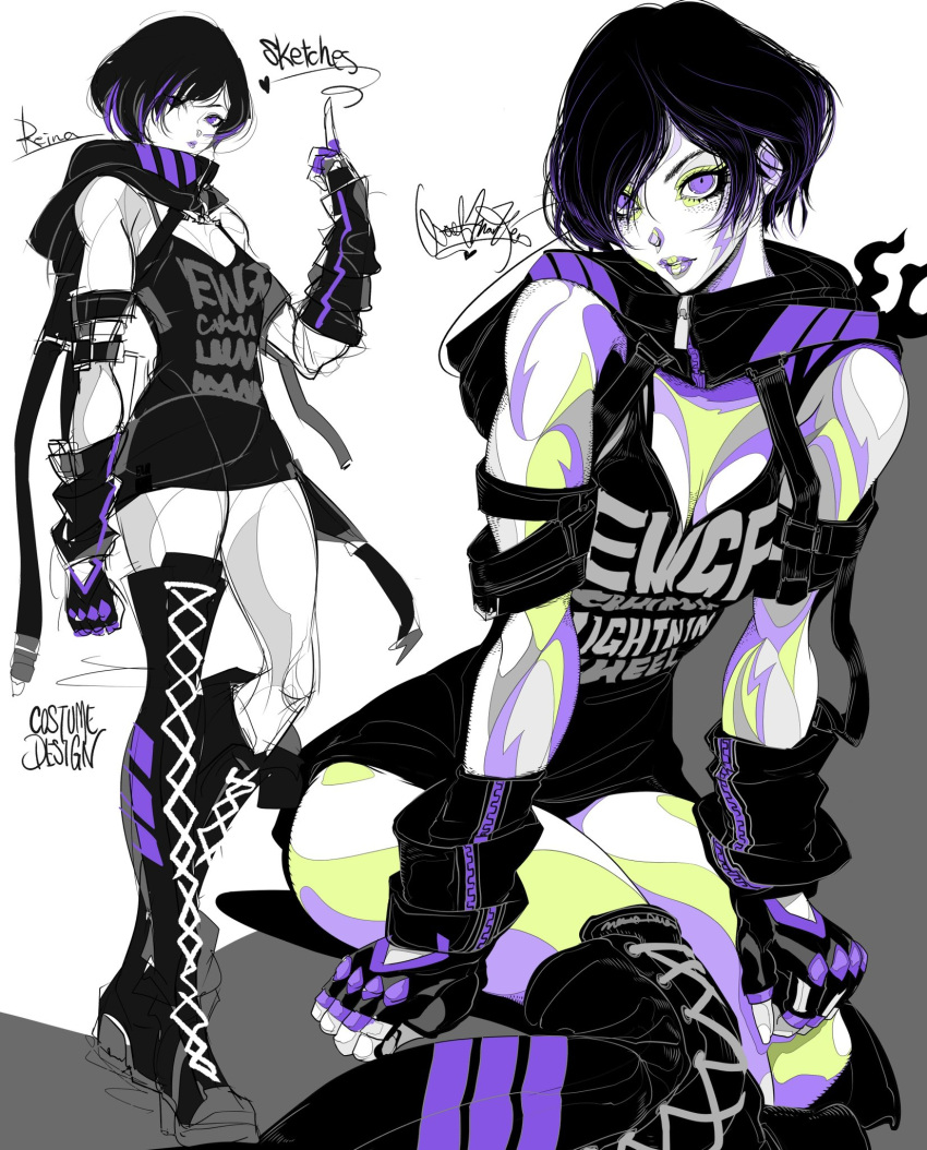 1girl, artist_name, black_hair, breasts, character_name, fingerless_gloves, gloves, highres