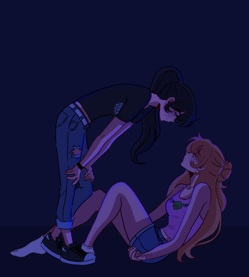 2girls, bare_shoulders, black_footwear, black_hair, black_shirt, blonde_hair, blue_eyes, bracelet