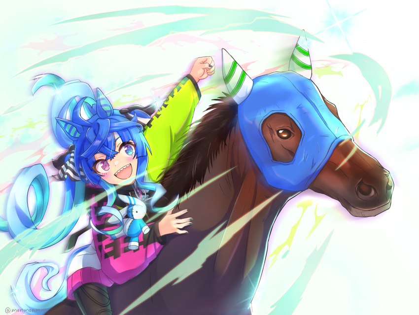 1girl, ahoge, animal_ears, aqua_hair, black_bodysuit, black_nails, black_ribbon, blue_eyes