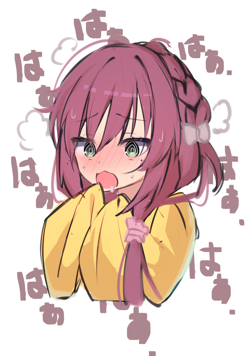 1girl, @_@, absurdres, animal_ears, aroused, blush, bow, braid