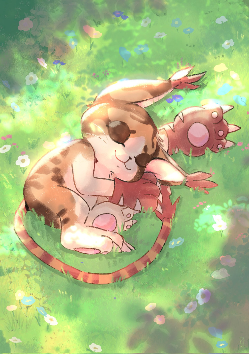 animal_hands, body_fur, brown_fur, brown_gloves, cat_paws, claws, closed_eyes, digimon, digimon_(creature), flower, gloves, grass, highres, kbdoodles, mikemon, multicolored_fur, no_humans, on_grass, paw_gloves, sleeping, smile, solo, sunlight, u_u, whiskers, white_fur