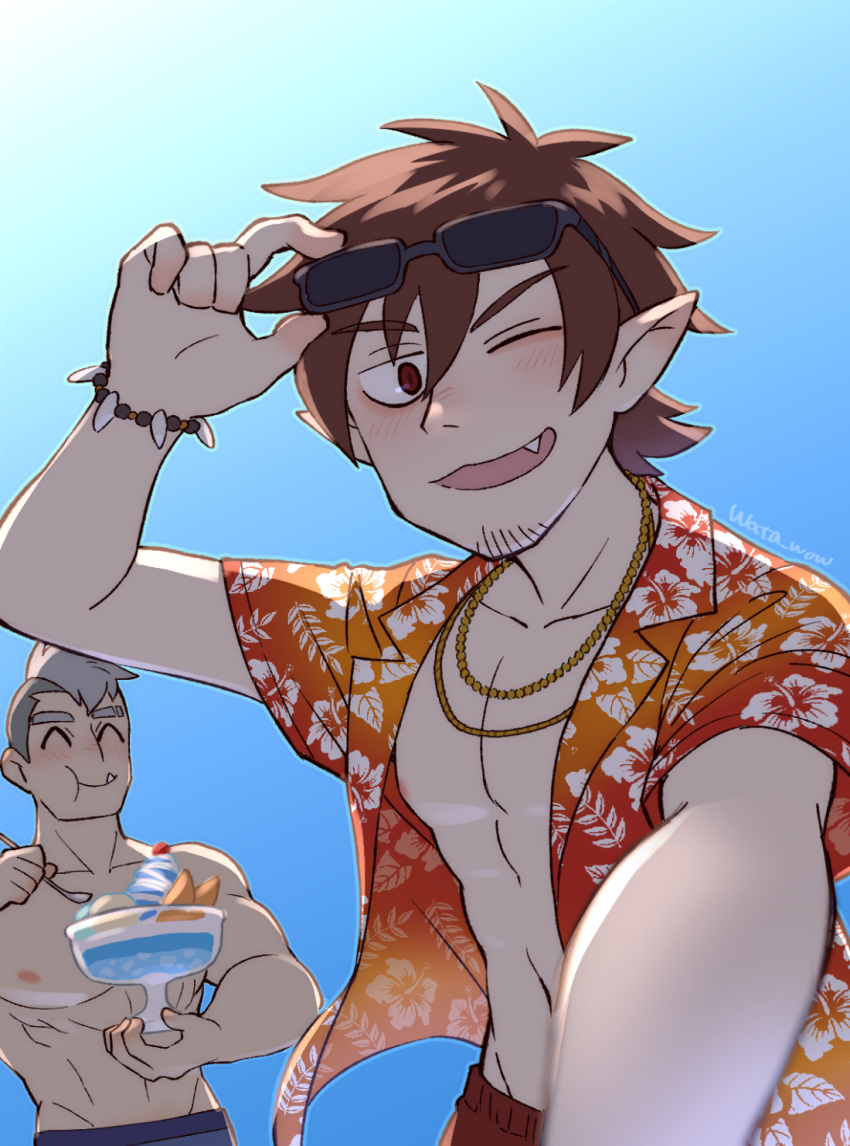 2boys, abs, adjusting_eyewear, all_saints_street, bead_bracelet, bead_necklace, beads, blush