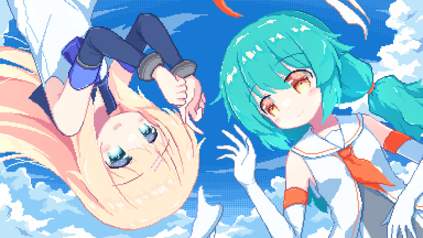2girls, absurdres, aqua_hair, arms_up, blonde_hair, blue_eyes, blue_sailor_collar, blue_sky