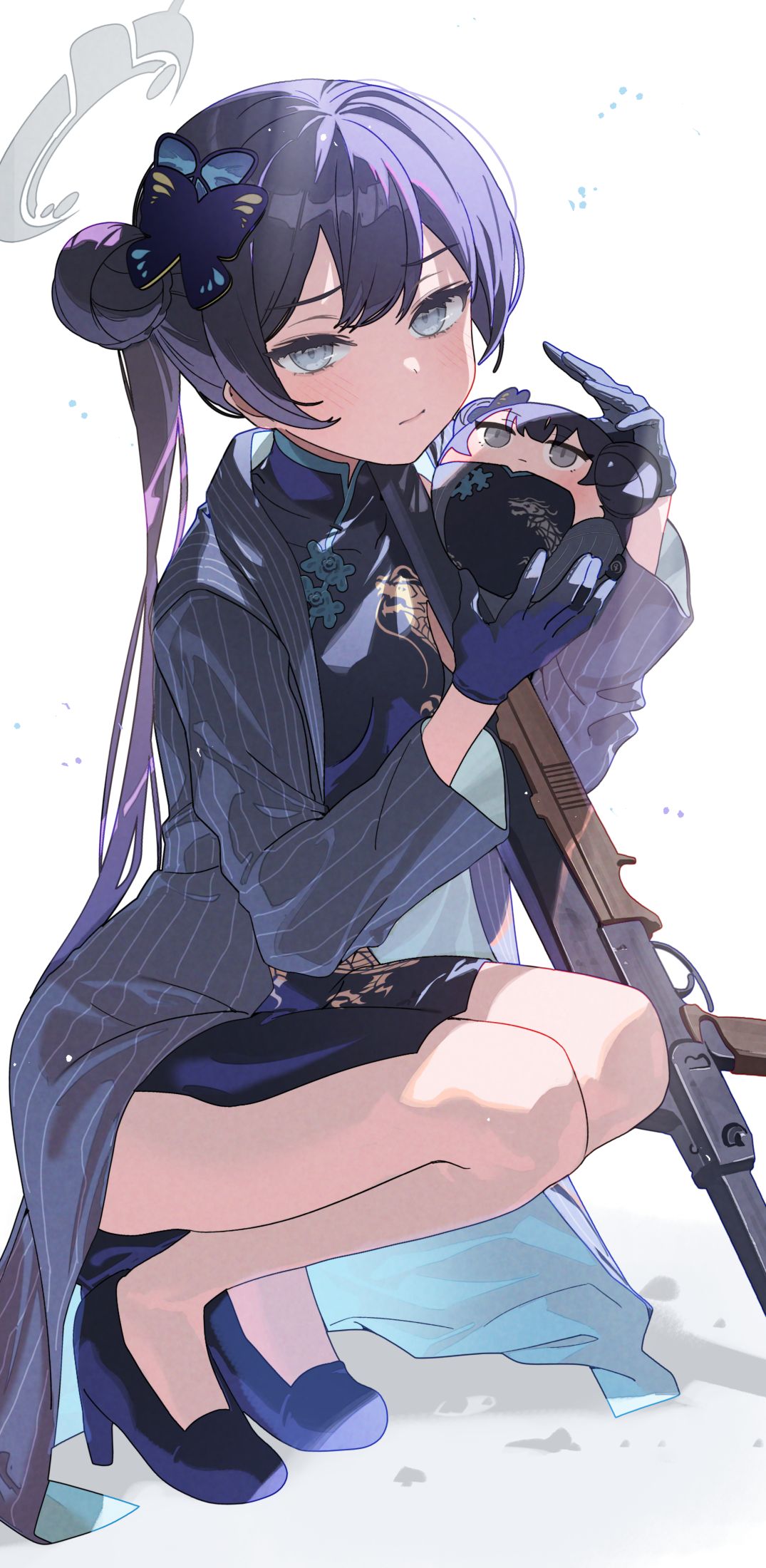 1girl, black_hair, blue_archive, blush, butterfly_hair_ornament, character_doll, china_dress, chinese_clothes, coat, cs/ls06, double_bun, dragon_print, dress, full_body, grey_eyes, gun, hair_bun, hair_ornament, halo, high_heels, highres, kisaki_(blue_archive), koyoi_mitsuki, long_hair, looking_at_viewer, open_clothes, open_coat, print_dress, solo, souvenir_doll_(blue_archive), squatting, submachine_gun, twintails, weapon