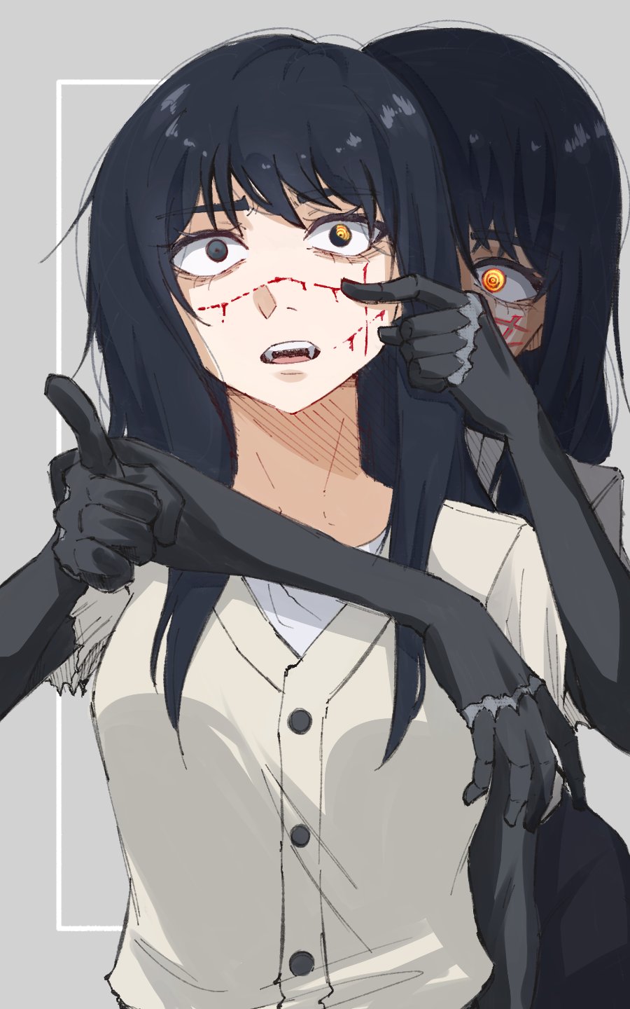 2girls, black_eyes, black_hair, blood, blood_on_face, chainsaw_man, heterochromia, highres