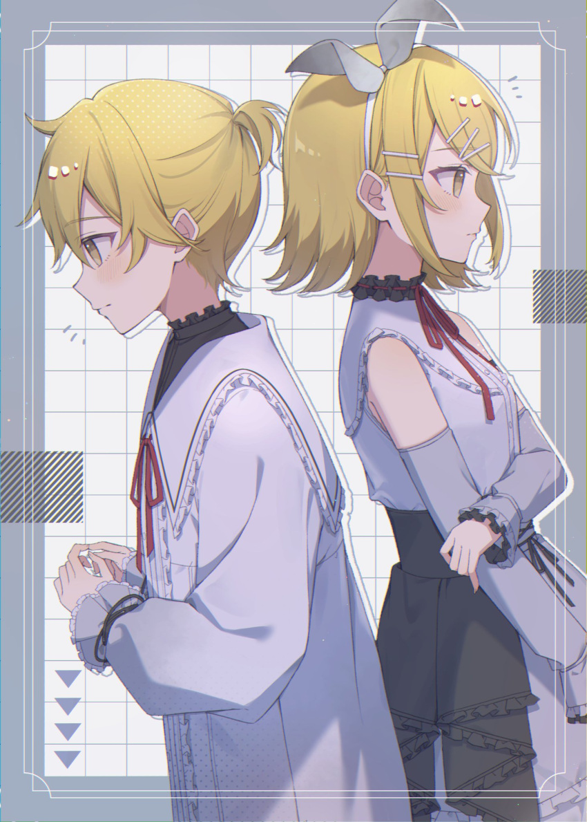 1boy, 1girl, 25-ji_len, 25-ji_rin, amai_melo, back-to-back, blonde_hair, blush, bow, breasts, closed_mouth, collared_shirt, detached_sleeves, dress, frills, from_side, hair_bow, hair_ornament, hairclip, highres, kagamine_len, kagamine_rin, long_sleeves, own_hands_together, project_sekai, red_ribbon, ribbon, shirt, short_hair, skirt, small_breasts, vocaloid, white_bow, white_shirt