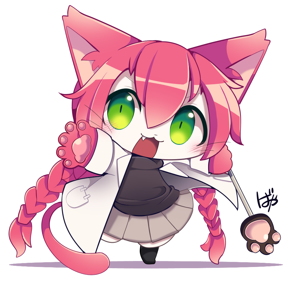 1girl, :3, :d, animal_ears, bayachao, blush, braid, cat_busters, cat_ears, cat_girl, cat_tail, chibi, chibi_only, commentary_request, fang, full_body, furry, furry_female, green_eyes, hair_between_eyes, holding, lab_coat, long_hair, looking_at_viewer, neko_hakase_(cat_busters), open_mouth, pink_hair, smile, solo, standing, tail, twin_braids, white_background