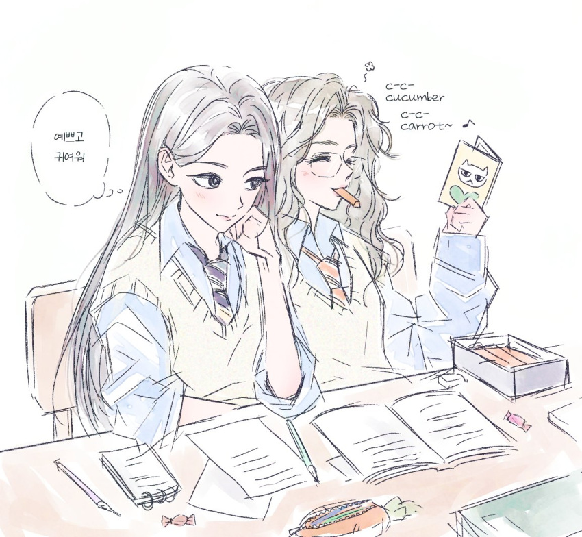 2girls, 926hrdn, ^_^, animification, black_eyes, black_hair, black_necktie, blue_shirt