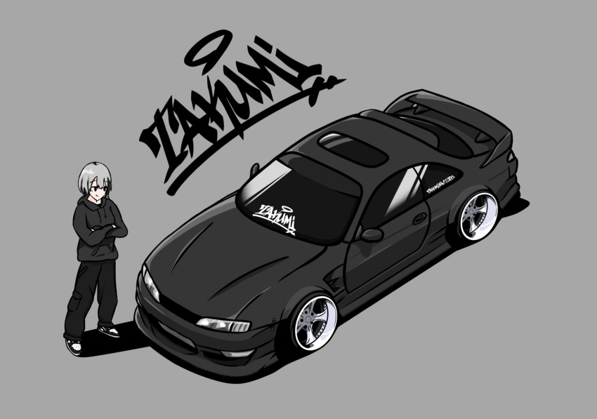 1boy, artist_name, black_car, black_footwear, black_hoodie, black_pants, car, cargo_pants