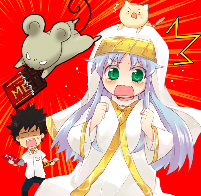 bad_id, black_hair, cat, cat_on_head, chocolate, clenched_hands, fang, fist