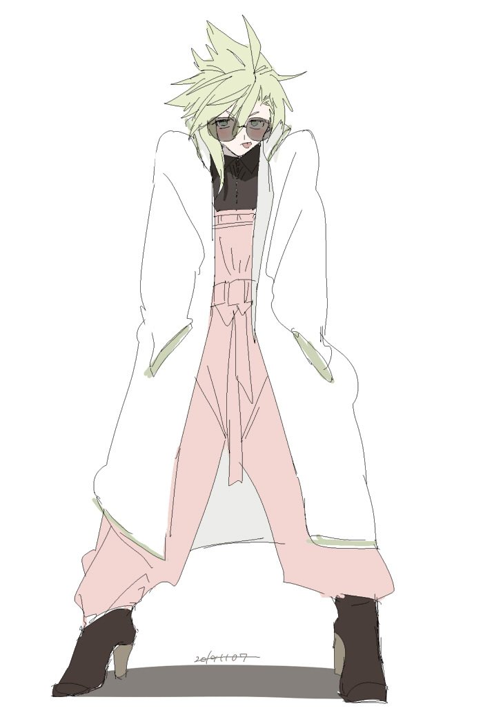 1boy, alternate_costume, blonde_hair, blue_eyes, boots, brown_footwear, cloud_strife, commentary_request