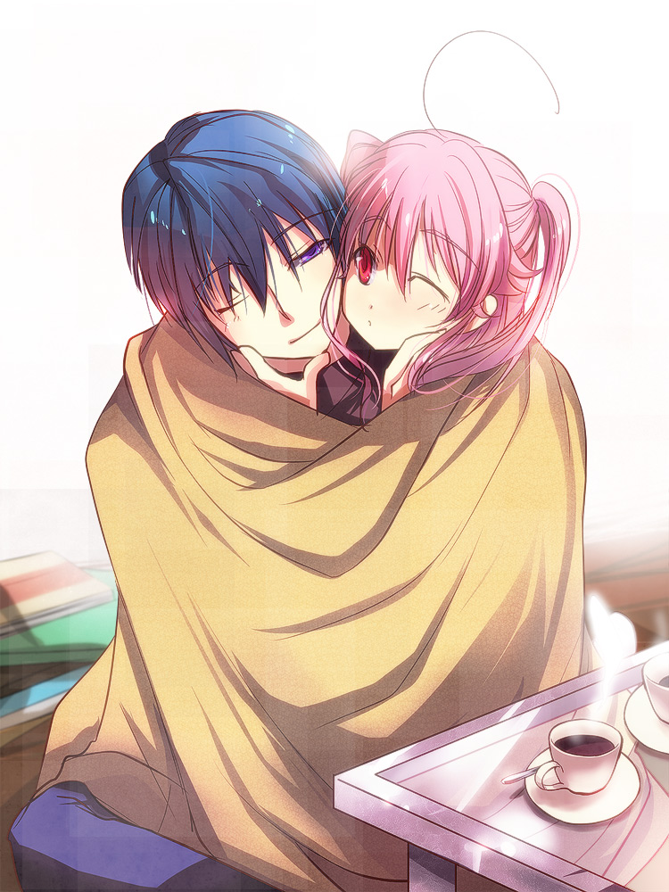 1girl, ahoge, angel_beats!, blanket, blue_hair, coffee, couple, cup