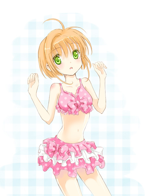 bikini, card_captor_sakura, cardcaptor_sakura, child, frilled_bikini, frills, front-tie_top, green_eyes