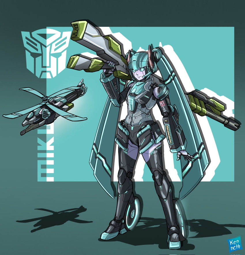 1girl, aircraft, artist_name, autobot, blue_eyes, character_name, gun, hatsune_miku, helicopter, highres, holding, holding_gun, holding_weapon, kenttrasharts, looking_at_viewer, mecha, mecha_focus, mechanization, metal_hair, multiple_forms, robot, shadow, smile, solo, transformers, twintails, vocaloid, weapon