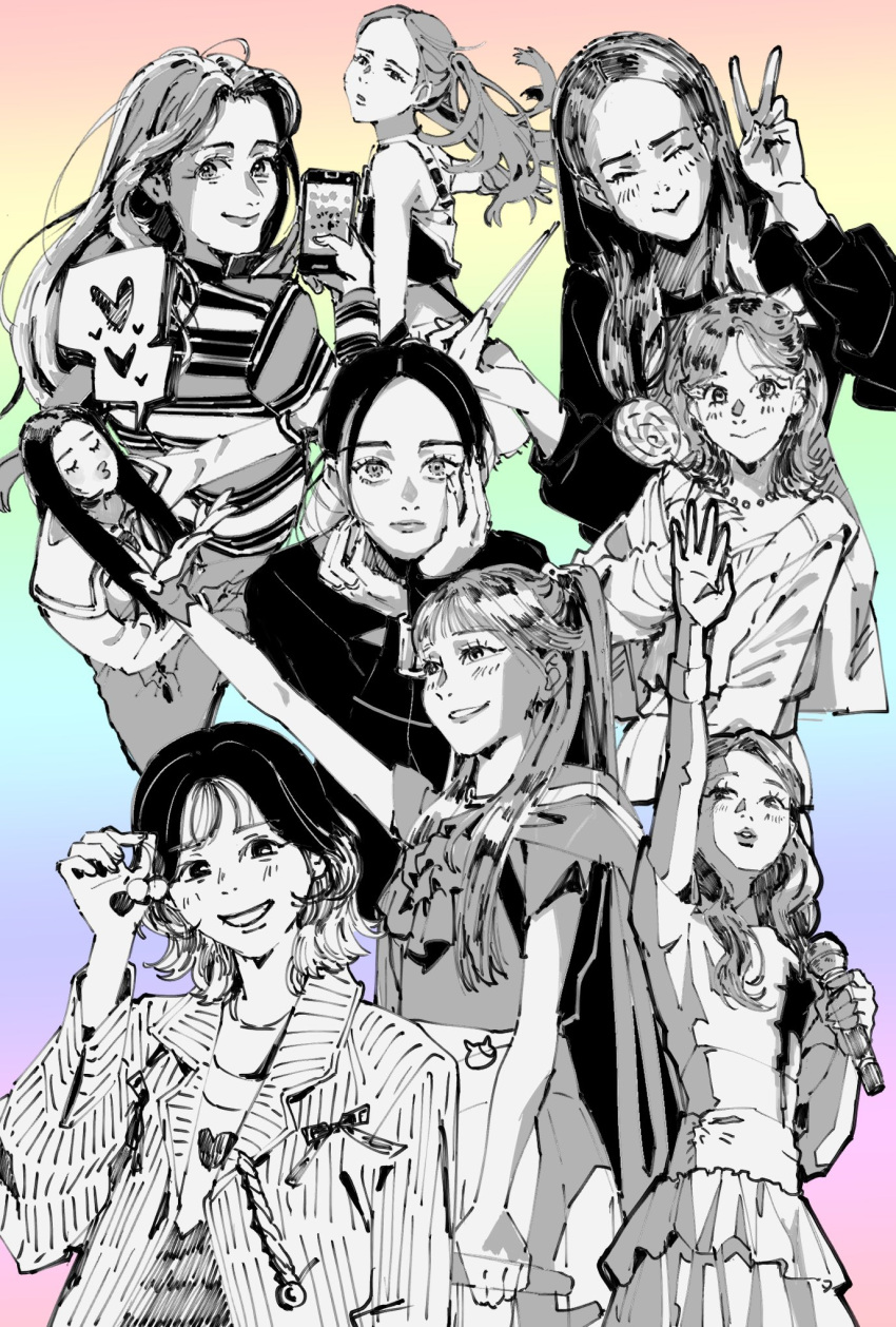 6+girls, ayaka_(niziu), candy, capelet, cellphone, colored_tips, dress, edamame_(buruburu), floating_hair, food, gradient_background, greyscale_with_colored_background, hand_on_own_cheek, hand_on_own_face, heart, highres, holding, holding_candy, holding_food, holding_lollipop, holding_microphone, holding_phone, lollipop, long_hair, looking_ahead, looking_at_viewer, mako_(niziu), maya_(niziu), mayuka_(niziu), microphone, miihi_(niziu), multicolored_hair, multiple_girls, nina_(niziu), niziu, open_hand, parted_lips, phone, pinstripe_jacket, pinstripe_pattern, puckered_lips, rainbow_background, real_life, riku_(niziu), rima_(niziu), rio_(niziu), shirt, skirt, smartphone, smile, speech_bubble, spoken_heart, striped_clothes, striped_sweater, sweater, v, waving