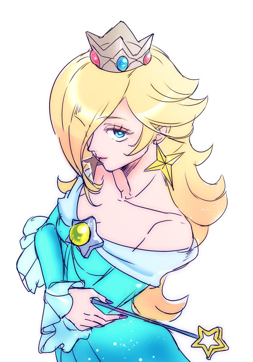 1girl, agua_mp, bare_shoulders, blonde_hair, blue_dress, blue_eyes, brooch, closed_mouth, crossed_arms, crown, dress, earrings, eyelashes, hair_over_one_eye, holding, holding_wand, jewelry, long_hair, looking_at_viewer, off-shoulder_dress, off_shoulder, purple_nails, rosalina, solo, star_(symbol), star_brooch, star_earrings, super_mario_bros., super_mario_galaxy, upper_body, wand, white_background