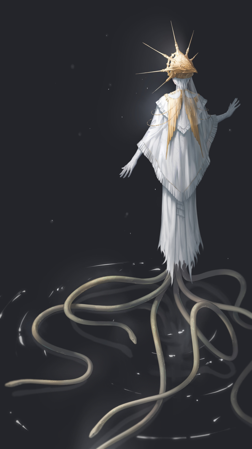 1boy, absurdres, alicescorpio_yeji, black_background, cape, chinese_commentary, colored_skin, commentary_request, crossdressing, dark_souls_(series), dark_souls_i, dark_sun_gwyndolin, dress, full_body, hand_up, highres, male_focus, otoko_no_ko, snake, solo, veil, white_cape, white_dress, white_hair, white_skin