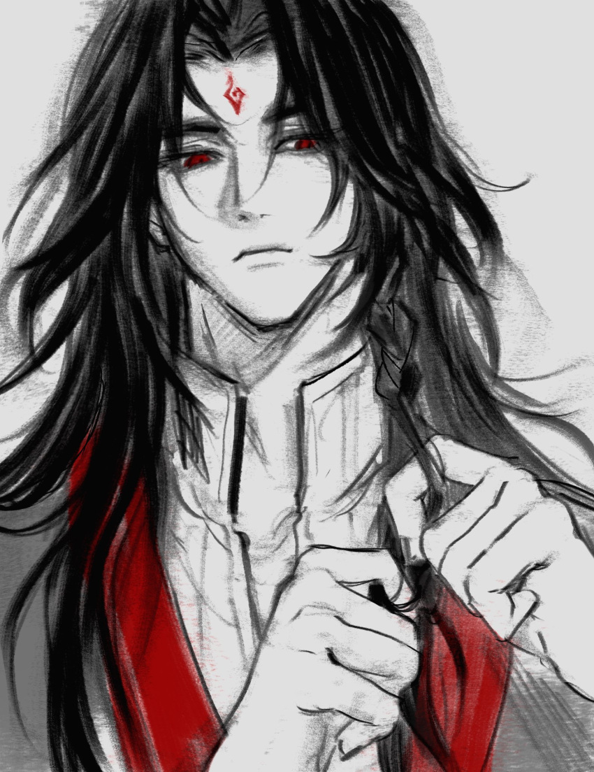 1boy, black_hair, black_hanfu, braid, braiding_hair, chinese_clothes, closed_mouth, expressionless, facial_mark, forehead_mark, gui_(e91617), hairdressing, hanfu, highres, holding, holding_own_hair, korean_commentary, long_hair, looking_to_the_side, luo_binghe, male_focus, open_collar, parted_hair, partially_colored, red_eyes, renzha_fanpai_zijiu_xitong, simple_background, solo, upper_body, white_background, zuiyin