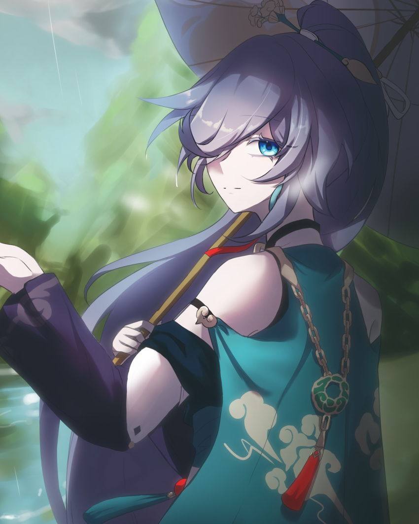 1girl, absurdres, bare_shoulders, black_hair, blue_hair, blue_sky, chinese_clothes, earrings, fu_hua, fu_hua_(azure_empyrea), hair_over_one_eye, hanfu, highres, holding, holding_umbrella, honkai_(series), honkai_impact_3rd, jewelry, long_hair, long_sleeves, looking_at_viewer, mmaayyooccaatt, nature, outdoors, ponytail, single_earring, sky, solo, tree, umbrella, very_long_hair, water