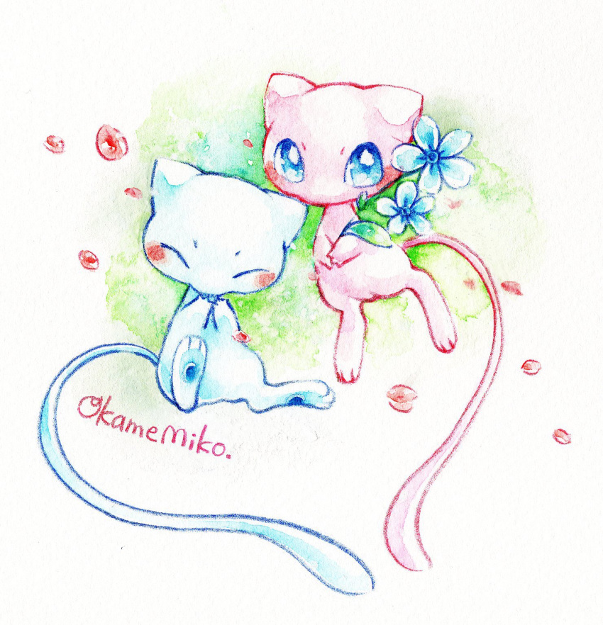 2others, alternate_color, blue_eyes, blue_flower, blush, closed_eyes, dual_persona, flower