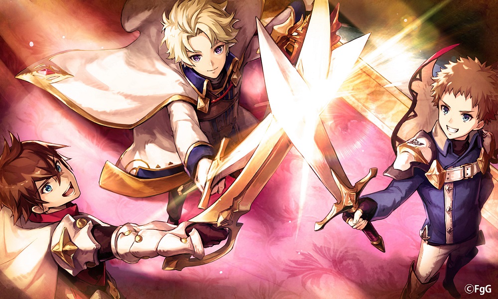 3boys, arm_guards, armor, basheeny_(dare_ga_tame_no_alchemist), blonde_hair, blue_eyes, blue_jacket, brown_gloves, brown_hair, bud_(dare_ga_tame_no_alchemist), carpet, cloak, closed_mouth, commentary_request, crossed_bangs, dare_ga_tame_no_alchemist, fingerless_gloves, floating_cape, from_above, gloves, hair_between_eyes, holding, holding_sword, holding_weapon, indoors, jacket, long_sleeves, multiple_boys, official_art, open_mouth, pants, second-party_source, short_hair, shoulder_armor, smile, standing, sword, victor_(dare_ga_tame_no_alchemist), violet_eyes, weapon, white_cloak, white_gloves, white_jacket, white_pants