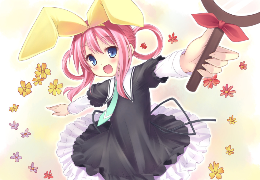 blush, bow, dress, frills, hair_bow, magnifying_glass, pink_hair, ryo