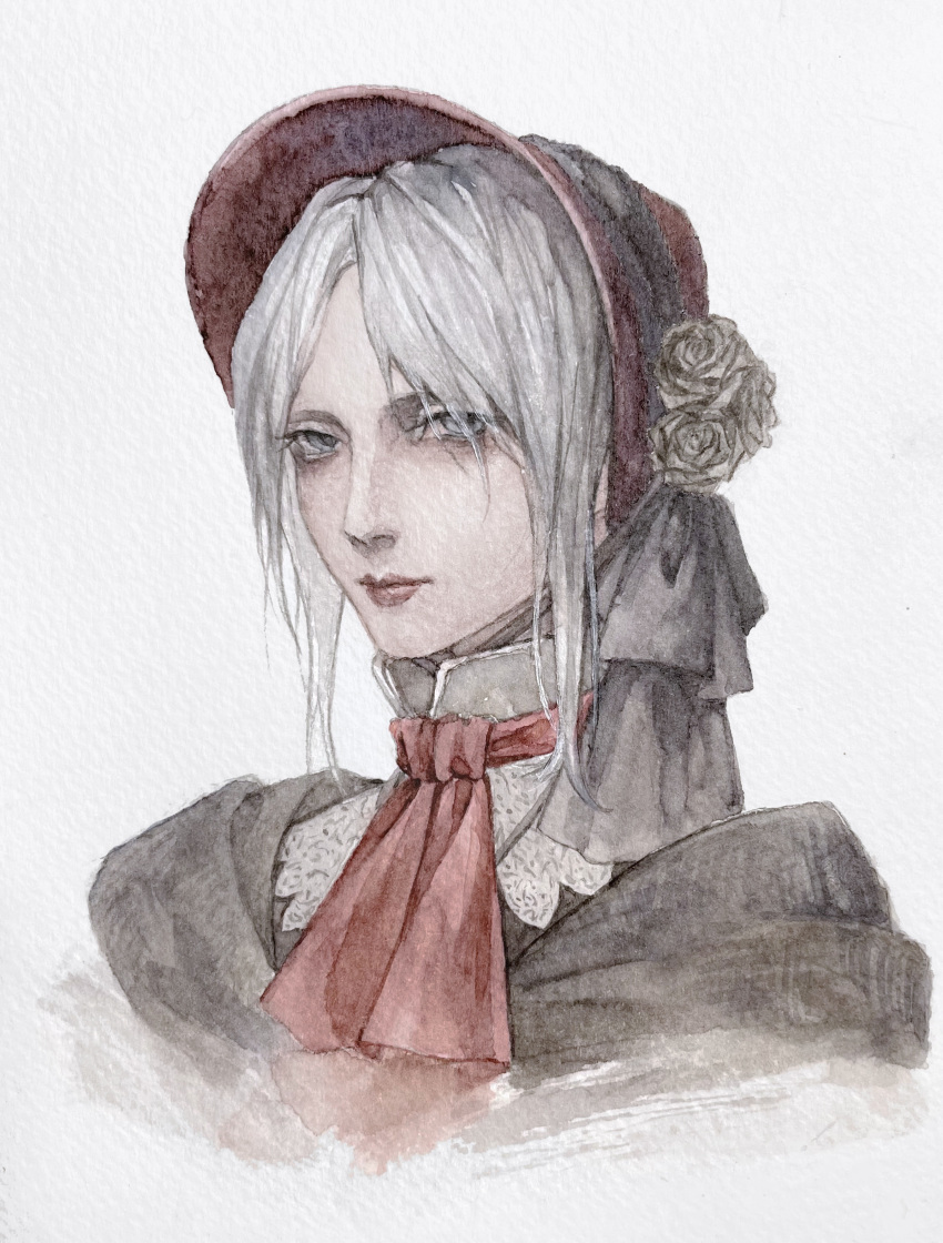 1girl, absurdres, alicescorpio_yeji, ascot, black_jacket, black_ribbon, black_shirt, bloodborne