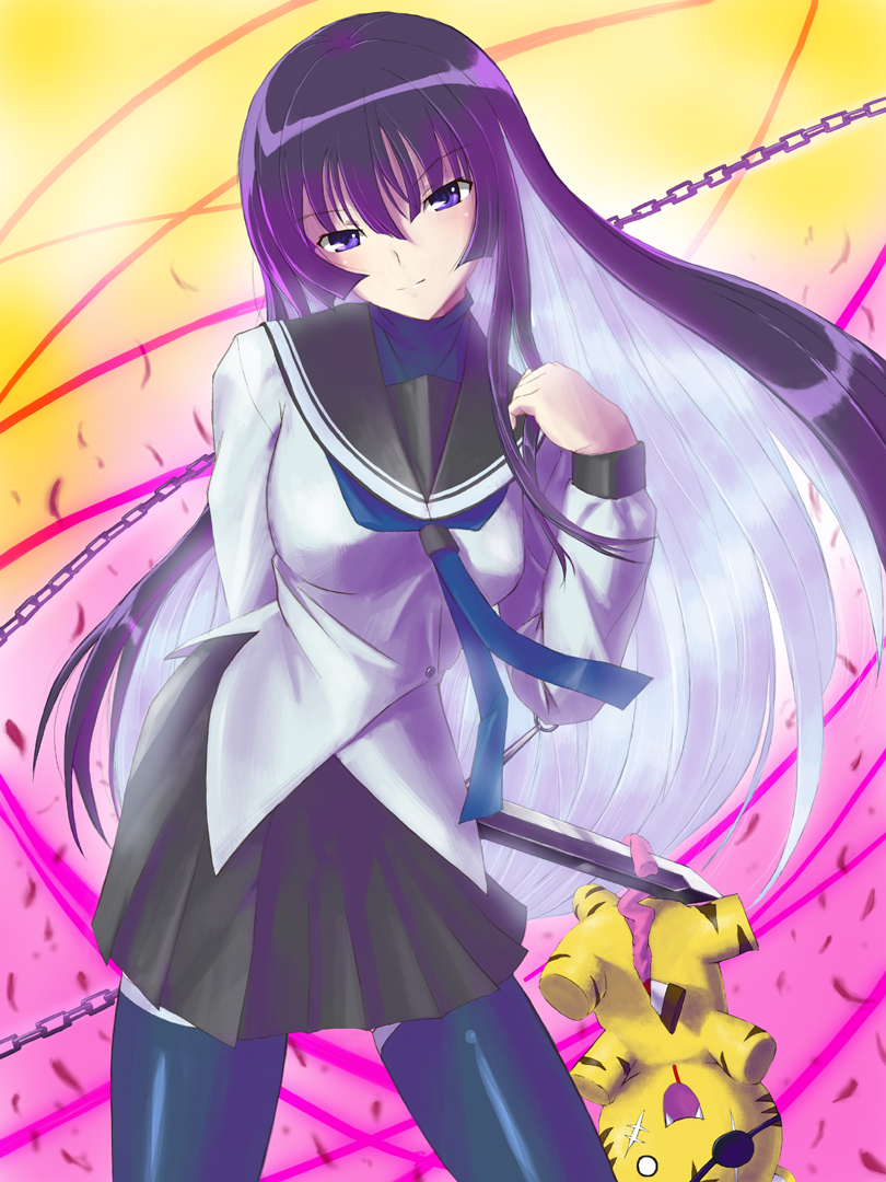 black_legwear, black_thighhighs, blush, chain, chains, character_request, harakiri_tora, kampfer