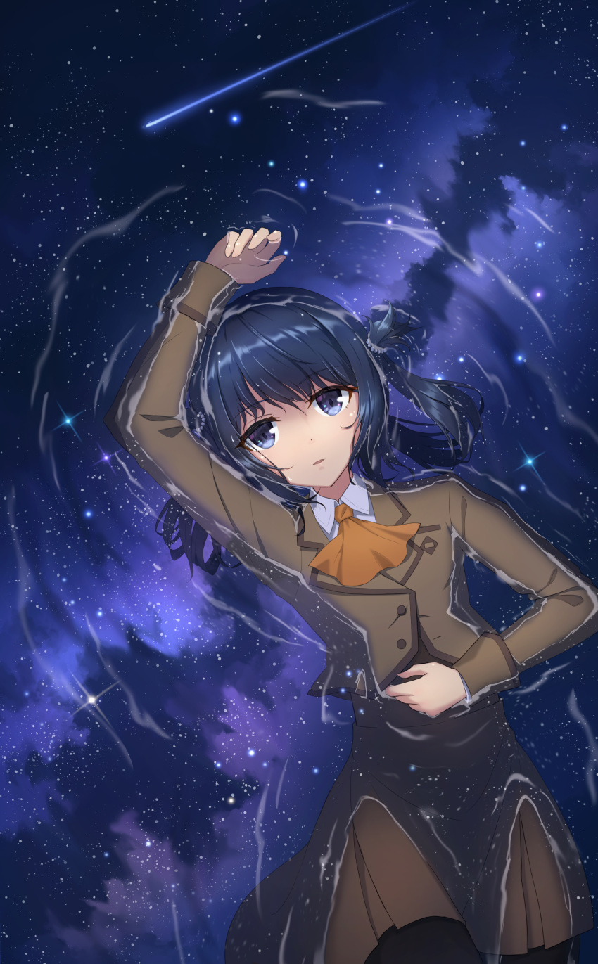 1girl, absurdres, ascot, black_hair, black_pantyhose, blazer, blue_eyes, bread_fqy