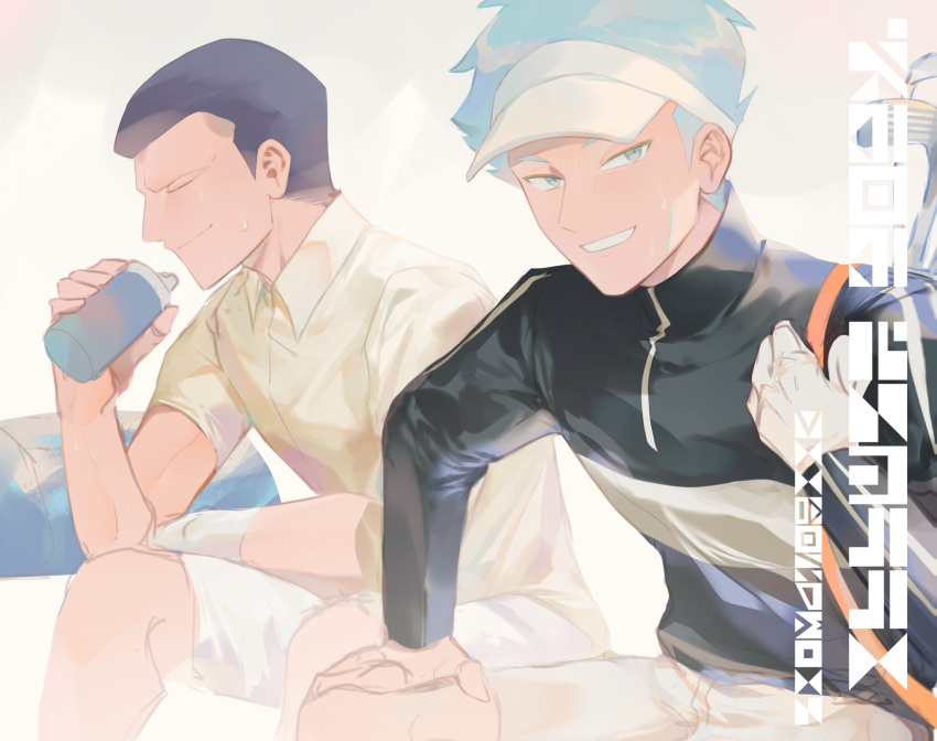 2boys, alternate_costume, archer_(pokemon), black_hair, blue_hair, bottle, closed_eyes, collared_shirt