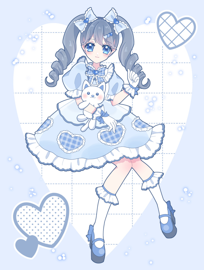 1girl, absurdres, blue_dress, blue_eyes, blue_theme, commentary, dress, full_body