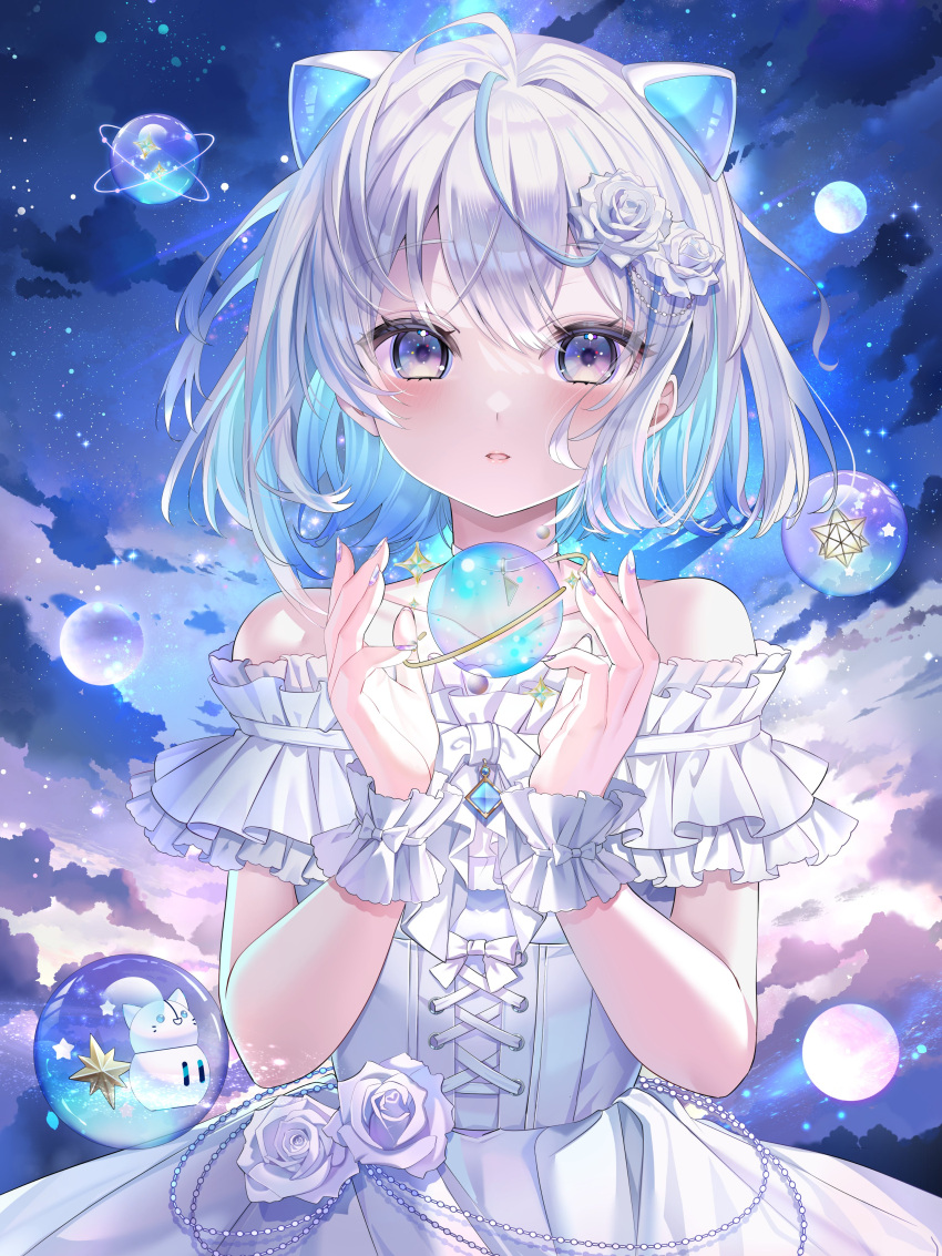 1girl, :d, absurdres, ahoge, animal_ears, blue_hair, blush, ceeras_(iriam)