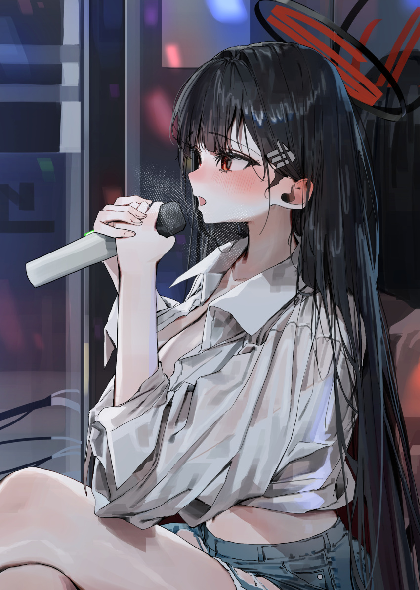 1girl, absurdres, black_hair, blue_archive, blue_shorts, breasts, hair_ornament, highres