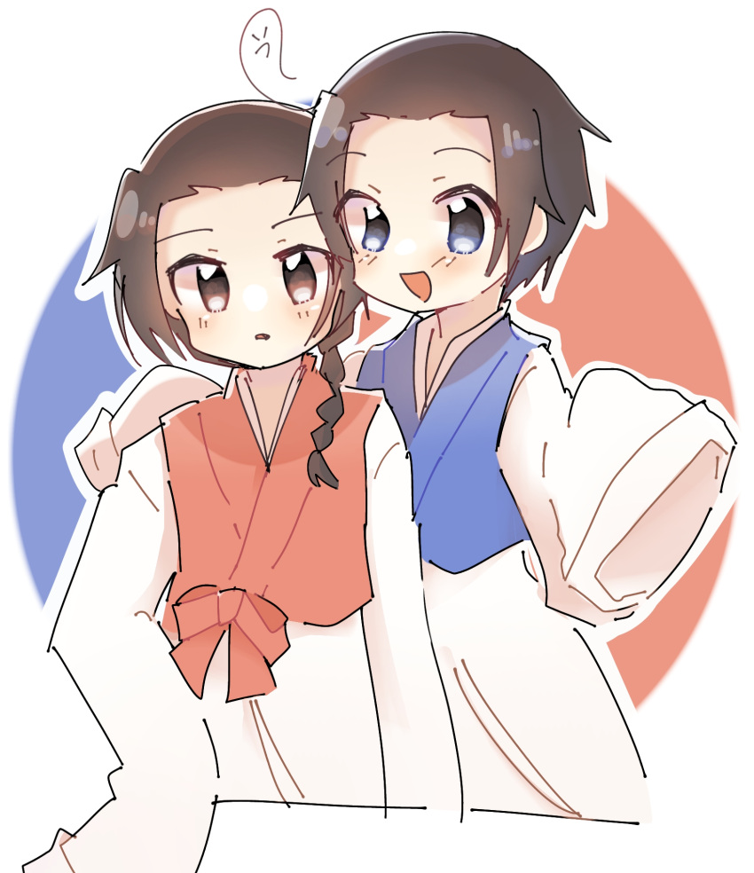 1boy, 1girl, axis_powers_hetalia, braid, brown_hair, hanbok, highres, korea_(hetalia)