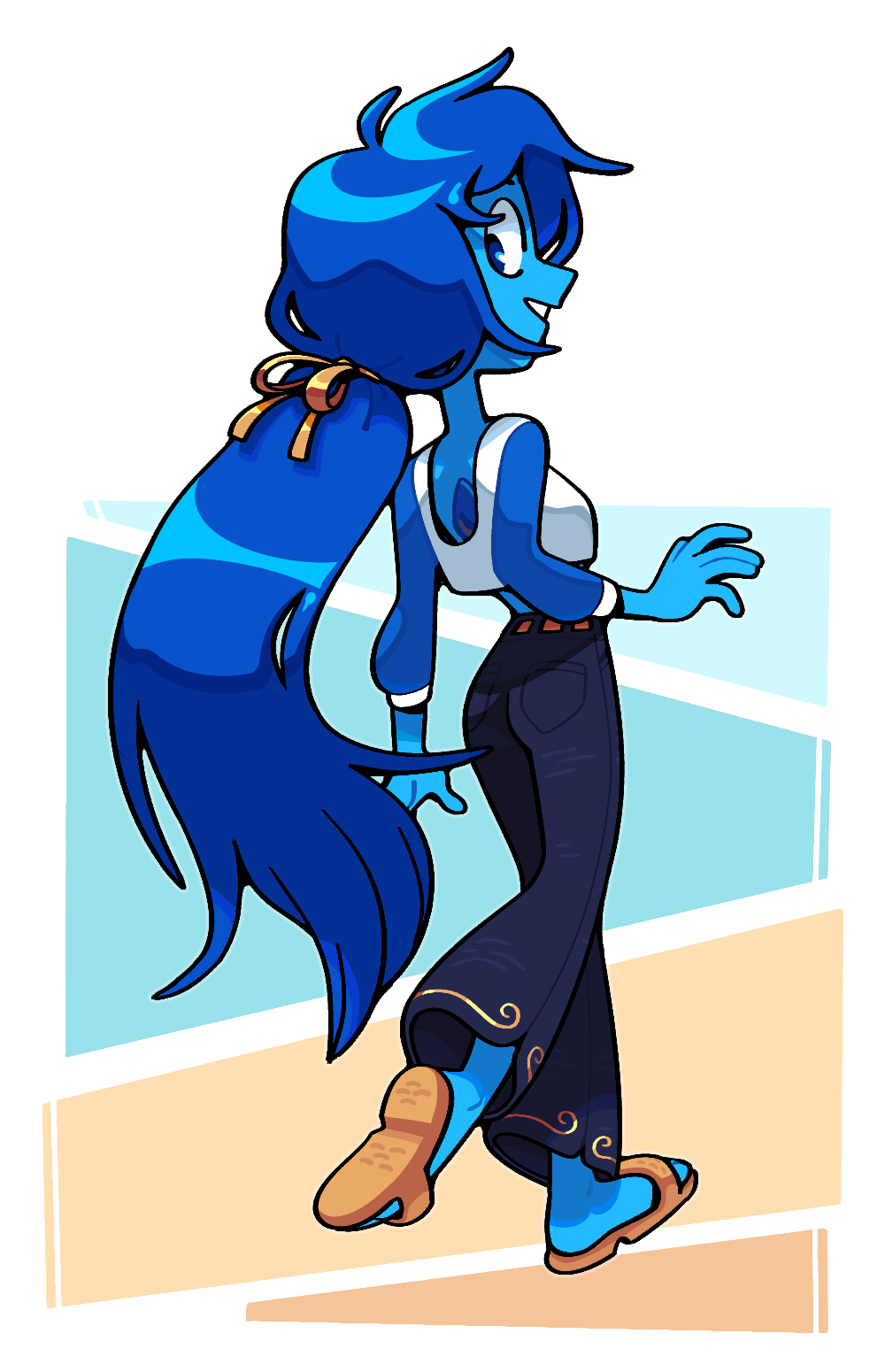 1girl, alternate_costume, back_cutout, blue_eyes, blue_hair, blue_pants, blue_skin, clothing_cutout, colored_skin, crop_top, discount-supervillain, gem, hair_ribbon, highres, lapis_lazuli_(gemstone), lapis_lazuli_(steven_universe), long_hair, long_sleeves, looking_at_viewer, midriff, pants, ponytail, ribbon, sandals, simple_background, smile, solo, steven_universe, very_long_hair