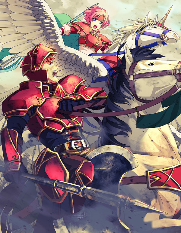1boy, 1girl, armor, axe, battle, blue_eyes, commentary, donta30303