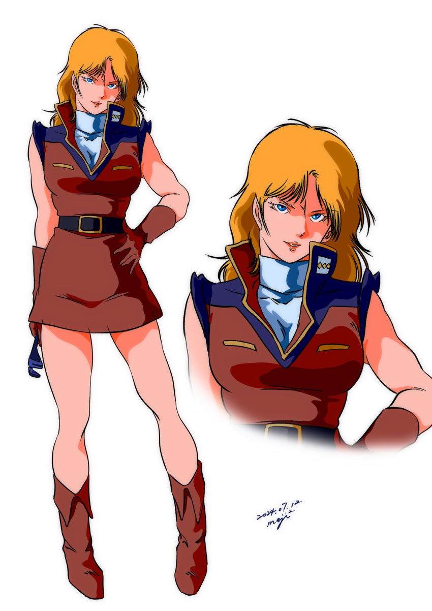 1girl, aeug, belt, blonde_hair, blue_eyes, breasts, genderswap, gloves, gundam, highres, jacket, looking_at_viewer, military, military_uniform, pgmajimaji, quattro_bajeena, red_skirt, skirt, sleeveless, sleeveless_jacket, smile, zeta_gundam