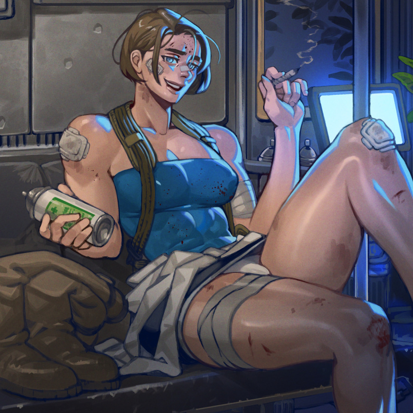1girl, bandaged_leg, bandages, bandaid, bandaid_on_cheek, bandaid_on_face, bandaid_on_knee, bandaid_on_leg