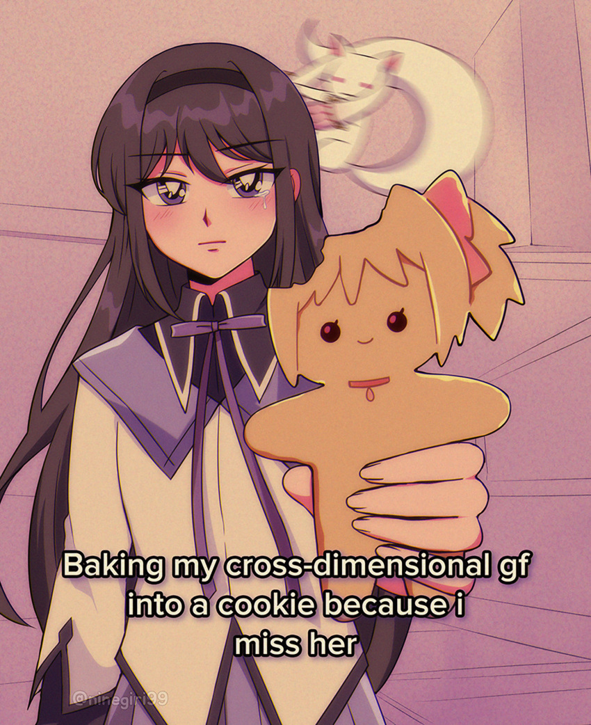 1boy, 1girl, akemi_homura, akemi_homura_(magical_girl), baking_my_long_distance_bf_into_a_cookie_because_i_miss_him_(meme), black_hair, black_hairband, closed_mouth, commentary, cookie, english_commentary, english_text, food, hairband, highres, holding, holding_cookie, holding_food, kaname_madoka, kyubey, long_hair, mahou_shoujo_madoka_magica, mahou_shoujo_madoka_magica_(anime), meme, ninegiri, tears, tears_from_one_eye, twitter_username, very_long_hair, violet_eyes