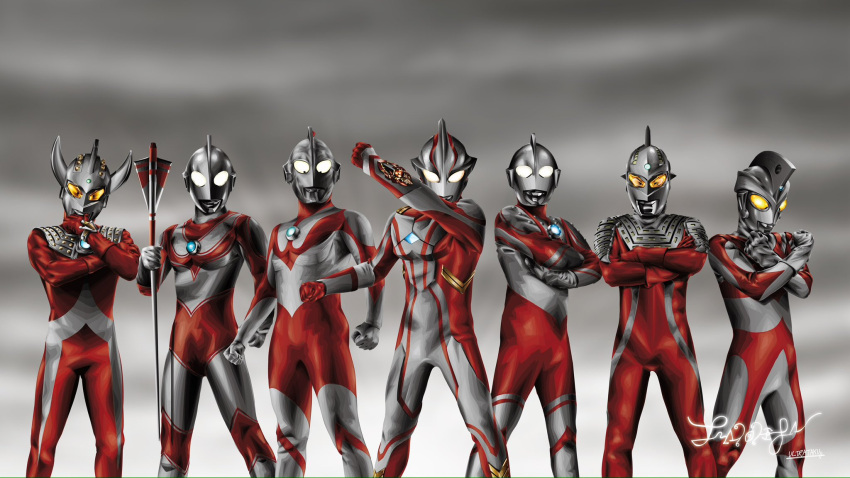 6+boys, alien, arm_up, armor, artist_name, blue_gemstone, bracelet, breastplate