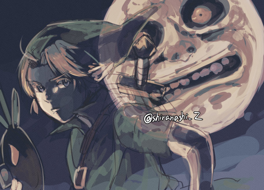1boy, 1other, deku_mask, green_tunic, highres, link, moon_(zelda), phrygian_cap