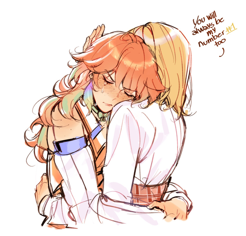 2girls, amlichan, blonde_hair, crying, earrings, feather_earrings, feathers, freckles, gradient_hair, highres, hololive, hololive_english, hug, jewelry, long_hair, multicolored_hair, multiple_girls, orange_hair, plaid_clothes, plaid_skirt, shirt, simple_background, skirt, takanashi_kiara, takanashi_kiara_(1st_costume), tears, virtual_youtuber, watson_amelia, watson_amelia_(1st_costume), white_shirt