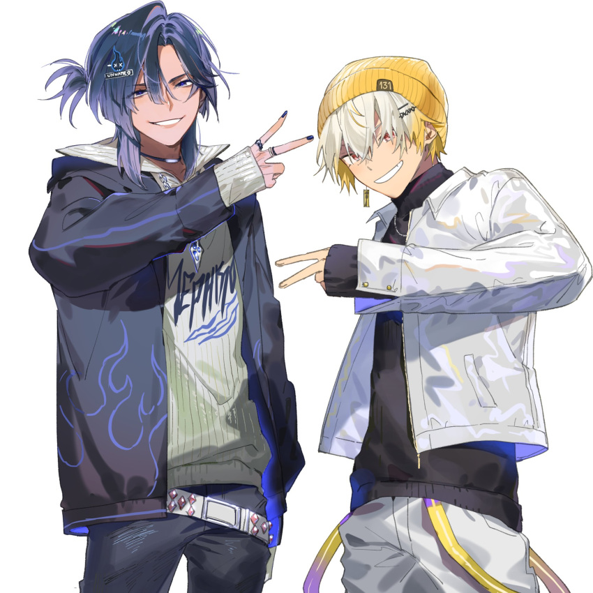 1boy, 1other, algorhythm_project, beanie, belt, belt_buckle, black_choker, black_jacket