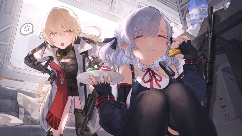 absurdres, algae_(5455454541), black_gloves, couch, girls_frontline, gloves, grey_hair, gun