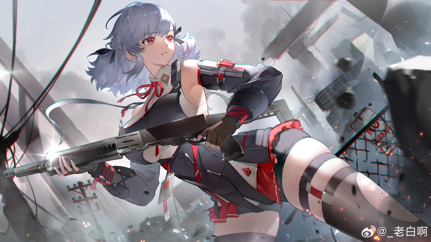 absurdres, black_gloves, girls_frontline, gloves, grey_hair, gun, highres, holding
