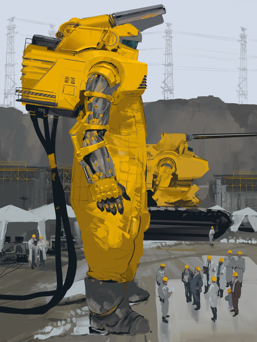 alternate_design, alternate_universe, armor, biopunk, black_necktie, blue_visor, boots, cable, caterpillar_tracks, child, construction_site, construction_worker, cyborg, earth_federation, excavator, exoskeleton, fog, from_side, grey_sky, guncannon, gundam, guntank, hard_hat, helmet, highres, industrial, jumpsuit, lab_coat, ladder, machinery, mecha, mecha_focus, mobile_suit, monitor, motor_vehicle, necktie, outdoors, painting_(medium), piston, power_lines, radio_antenna, rintaro_komori, robot, scaffolding, science_fiction, shoulder_cannon, size_difference, sky, suit, tent, traditional_media, transmission_tower, white_jumpsuit, yellow_armor, yellow_jumpsuit