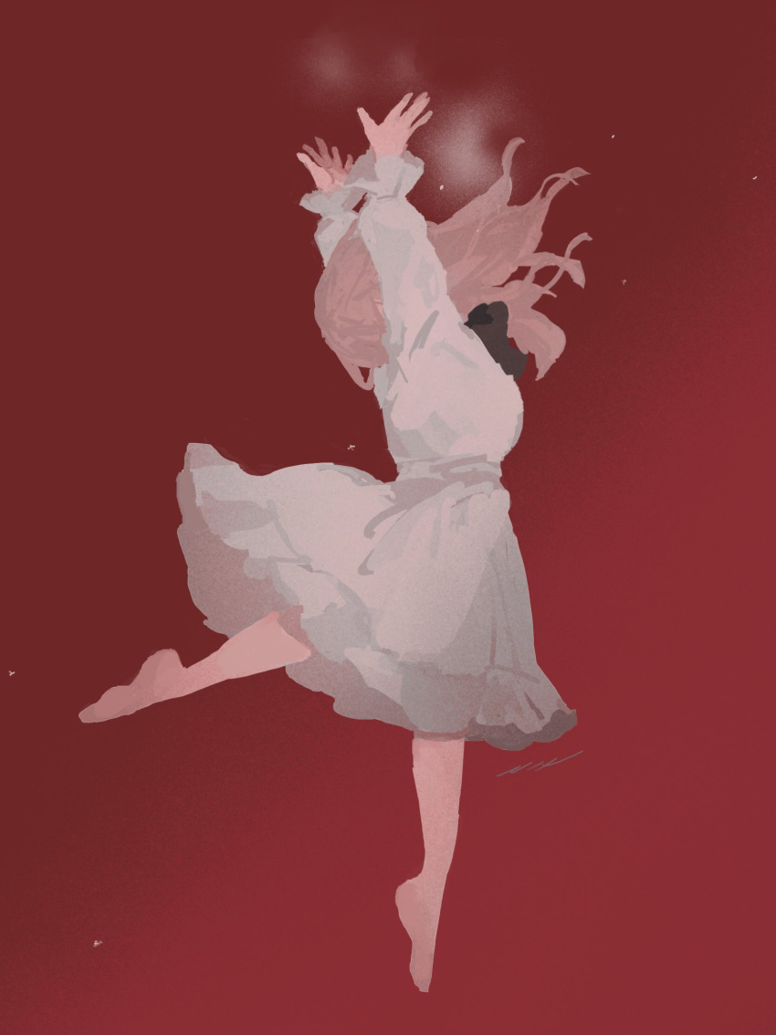 1girl, ada_(iyowa), adipocere_(vocaloid), arms_up, barefoot, black_ribbon, breath, commentary_request